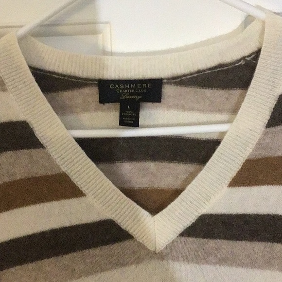 Charter Club 100% Cashmere Striped V-Neck Sweater Women’s Large - Picture 5 of 6